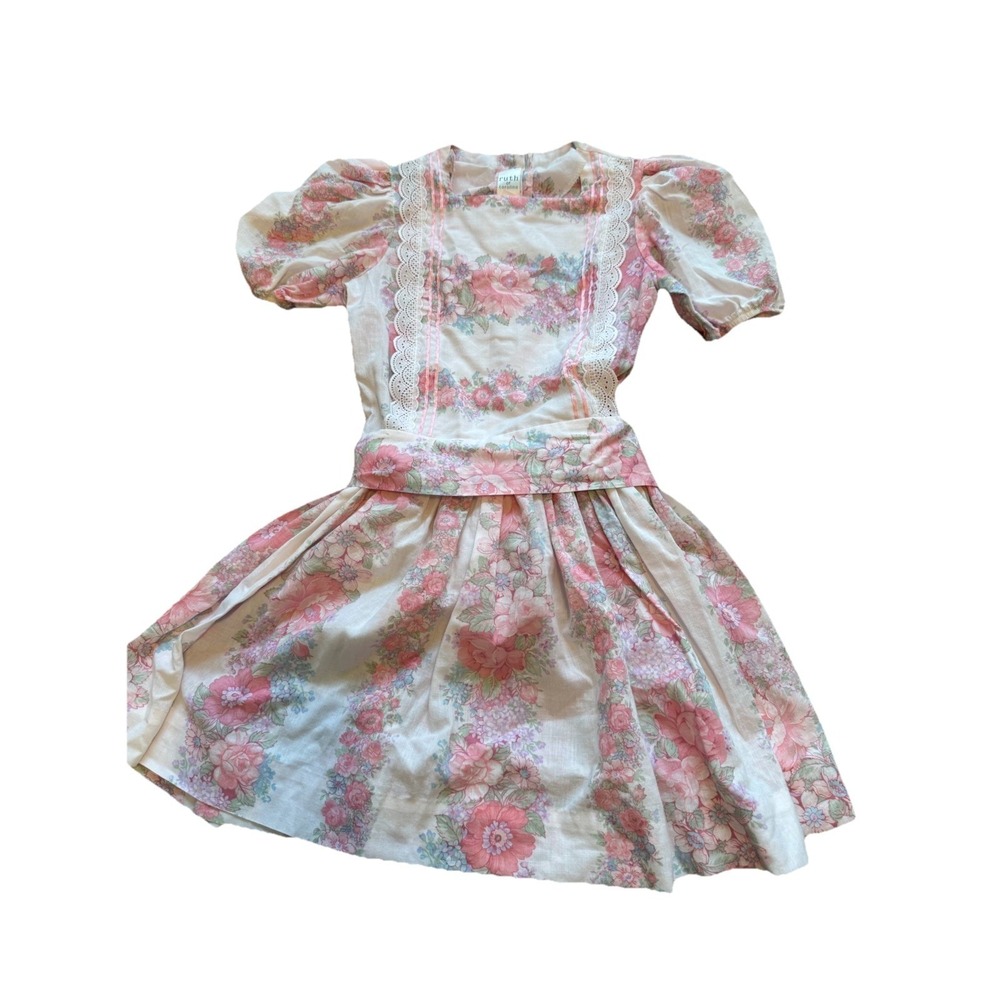 VTG Ruth Of Carolina Bib Prairie Cottagecore Dress Pink Floral Victorian Lace 8